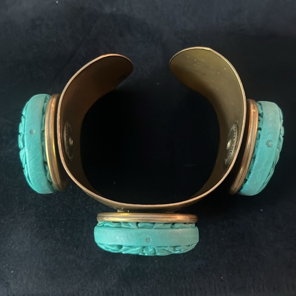 Vintage Jan Michaels Turquoise Coin Cuff Bracelet Bronze Patina Floral Retired - Picture 4 of 5
